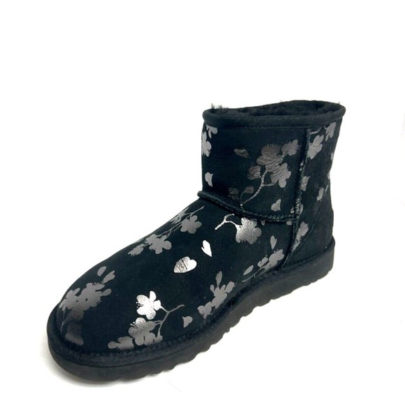 UGG Women's Classic Mini Floral Foil Boot Black, Size 8 M - Picture 2 of 6